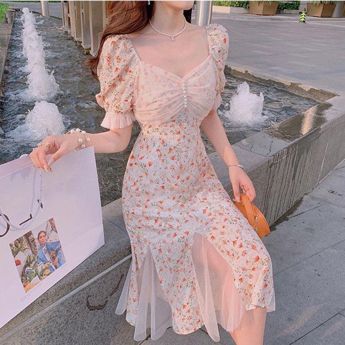Net Yarn Splicing Floral Short Sleeve Mermaid Skirt  Women's Summer Dress Printing Knee-length Daily Wear Office Dating Party