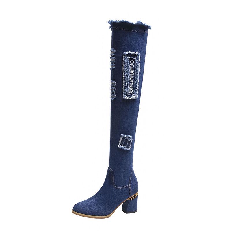 Denim stretch boots women's spring and autumn slim-fit knee-high boots high-heeled boots