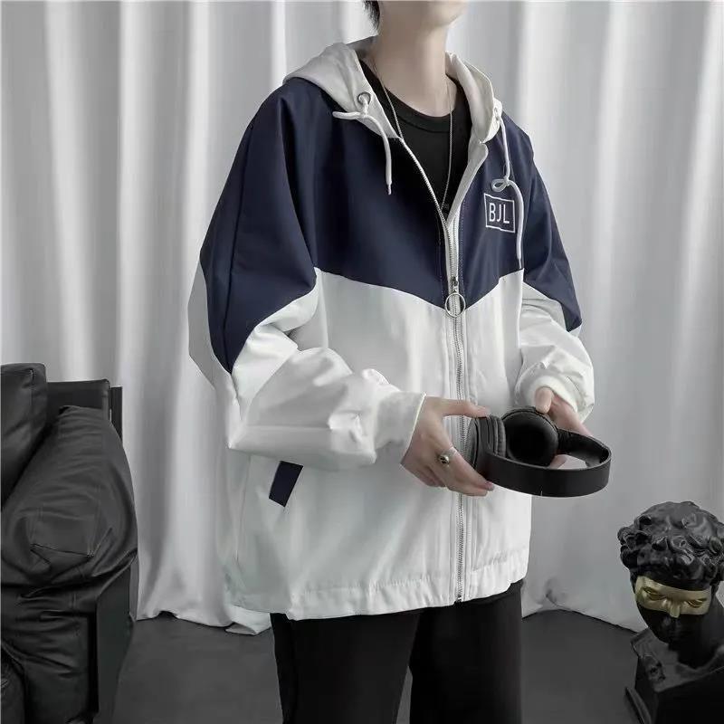 Colorblock Jacket Men's Loose Versatile Hooded Windbreaker Coat Couples Wear Thin Short Zip Long Sleeve Casual Coat Workwear