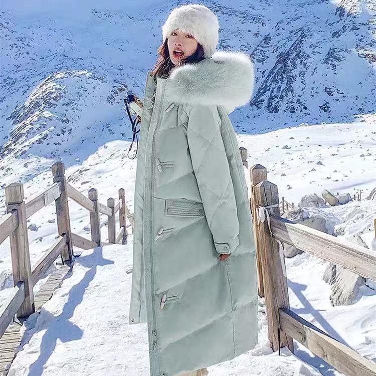 Winter Down Cotton Jacket Women's Long Over-the-knee Cotton Jacket Fluffy Fur Collar Hooded Loose Horn Button Cotton Jacket
