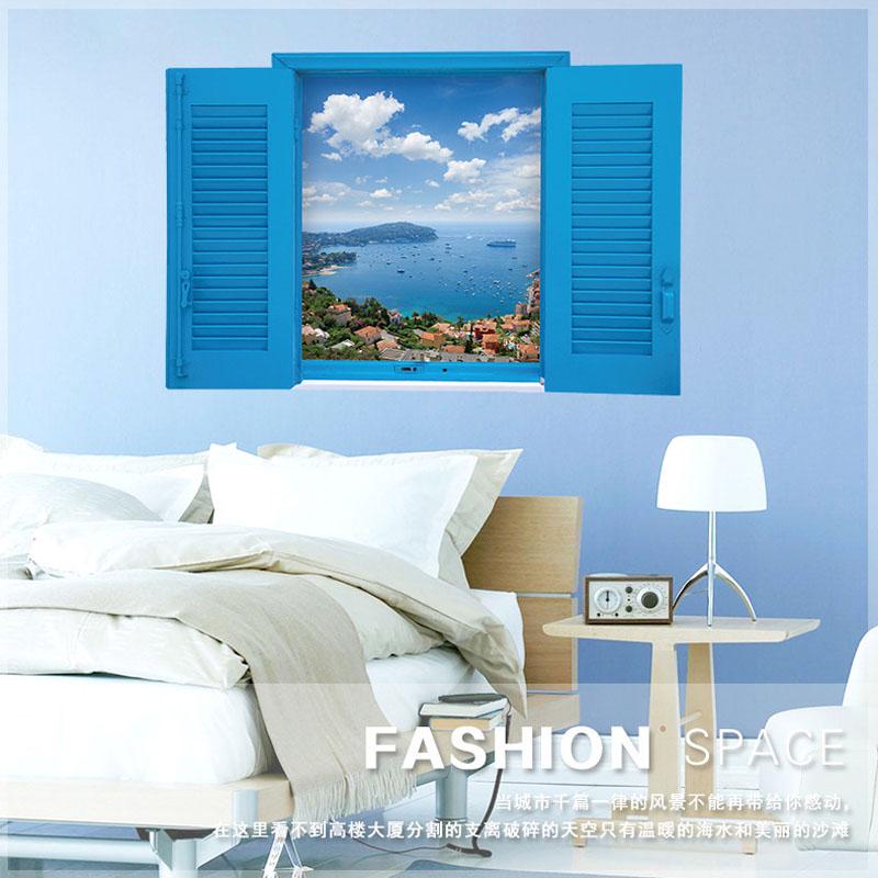 [Wall sticker ]3d Mediterranean Blue False Windows Landscape Wall Stickers Home Decor Living Room In