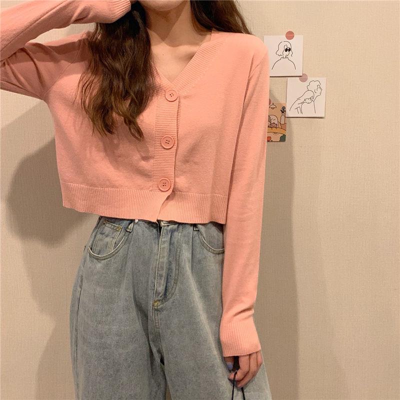 Spring and Autumn Knitted Cardigan Long Sleeve V-neck Sweater Solid Color Short Casual Coat