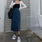Women Sexy Sweet Solid Split Denim Skirt High Waist Over The Knee Hip Skirt Casual Club Home Office