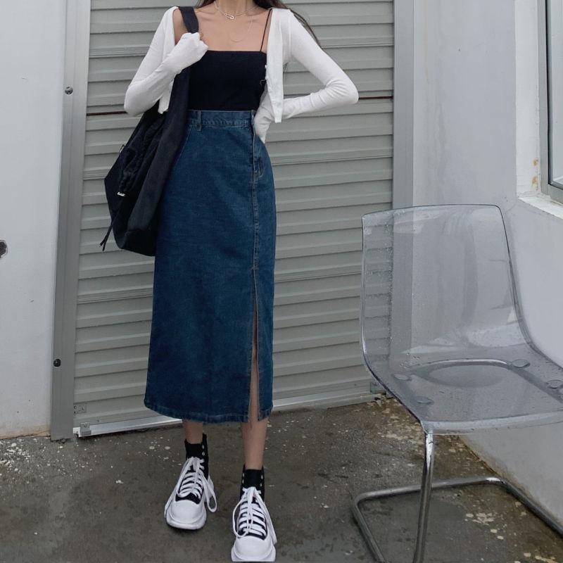 Women Sexy Sweet Solid Split Denim Skirt High Waist Over The Knee Hip Skirt Casual Club Home Office