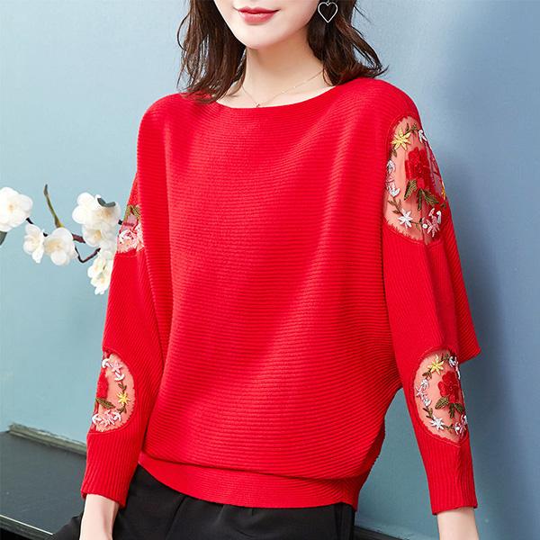 Outer Wear Loose Bat Sleeve Knit Sweater Large Size Lace Casual Sweater Spring and Autumn Print Top Coat