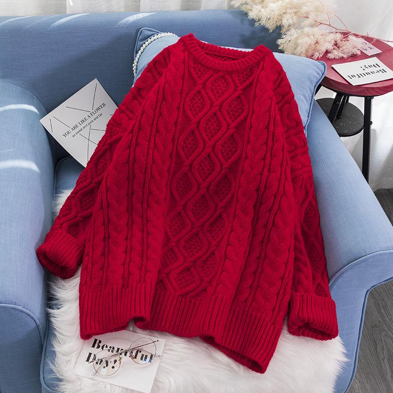 Pofulove  Red Sweater Women's Sleeve Loose WinterFairy Harajuku Style Knit Sweater Thicken Top