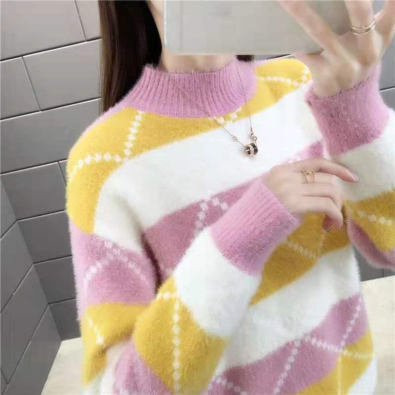 Non-shedding Semi-turtleneck Sweater To Keep Warm and Color Matching Mink Fleece Long-sleeved Knitted Bottoming Shirt