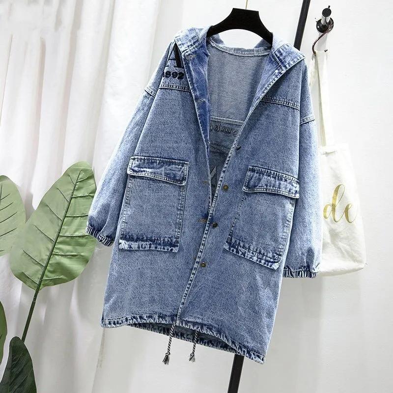 Loose Hooded Casual Embroidered Trench Coat Denim Jacket Korean Version Plus Size Women's Spring and Autumn Tops