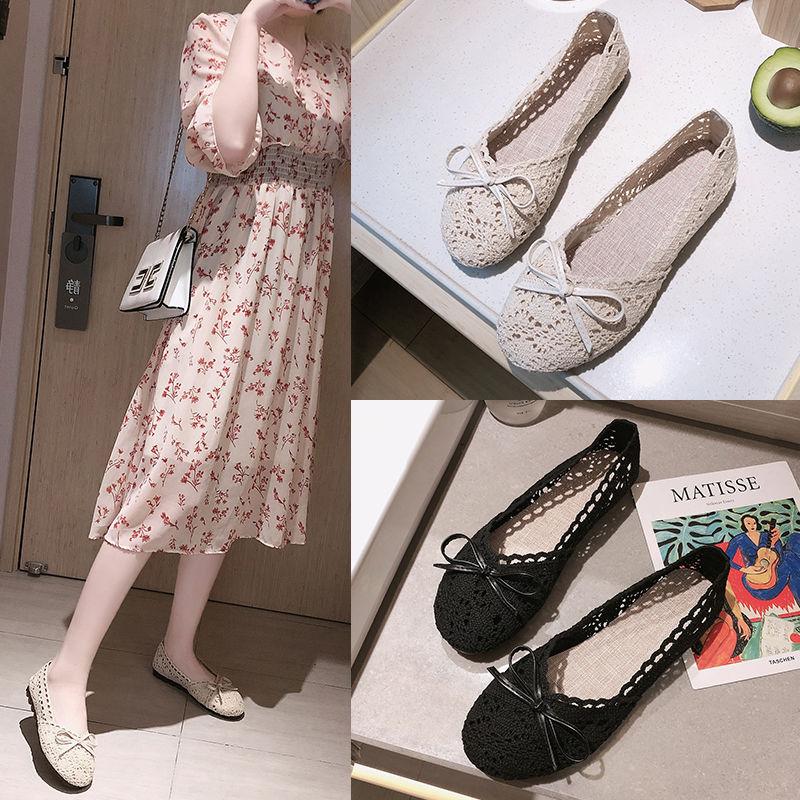 Spring Summer Women's All-match Flat-bottom Non-slip Lazy Shoes Tendon Bottom Mesh Surface Hollow Soft Sole Shoes