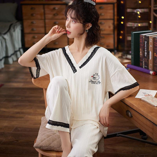 Loose Large Size Can Be Worn Outside Home Service Women's Spring and Summer Short-sleeved Trousers Cotton Suit Cute Lace Edge Pajamas