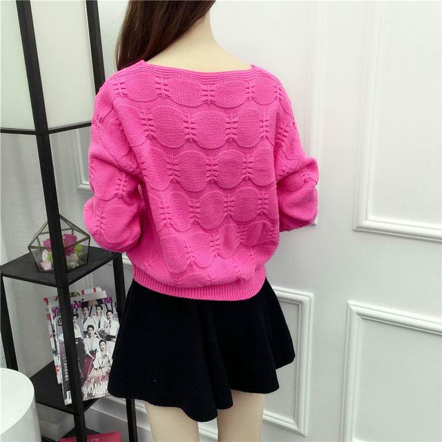 Short Loose Sweater Women Black White Long Lantern Sleeve Pullover O Neck Casual Sweet Cute Office Knit Crop Sweater