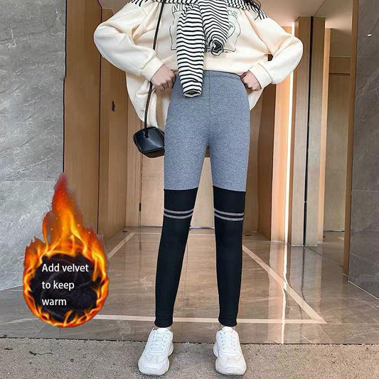 High-waist Stitching Contrast Color Leggings Women Wear All-match Thin Stretch Pants Plus Velvet Warm Cotton Trousers Sports Stretch Pants