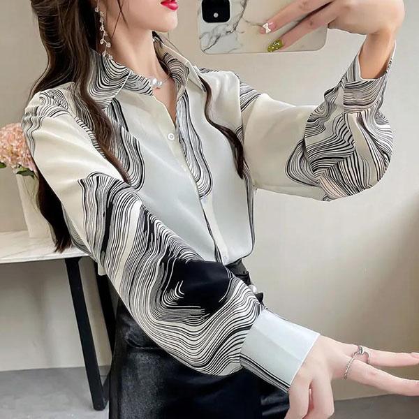 Long-sleeved Casual Tops Large Size Loose Chiffon Shirts Women's Spring and Autumn Lapel Elegant Printed Blouses