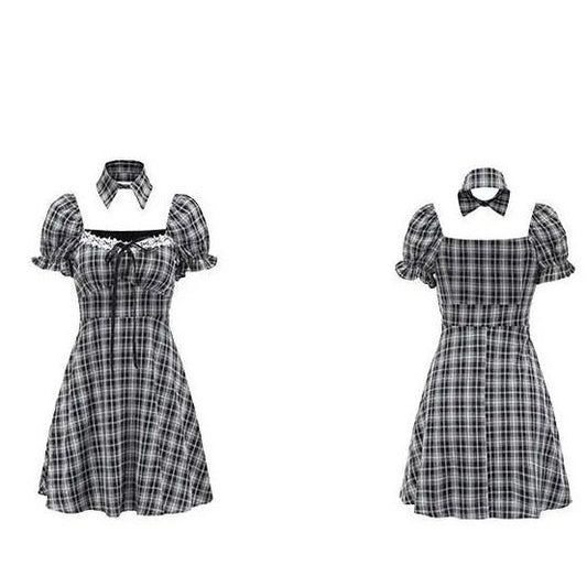 Female Summer Simple Irregular Bubble Sleeve Waist Show Thin Sweet Gentle Mid Waist Plaid Dress