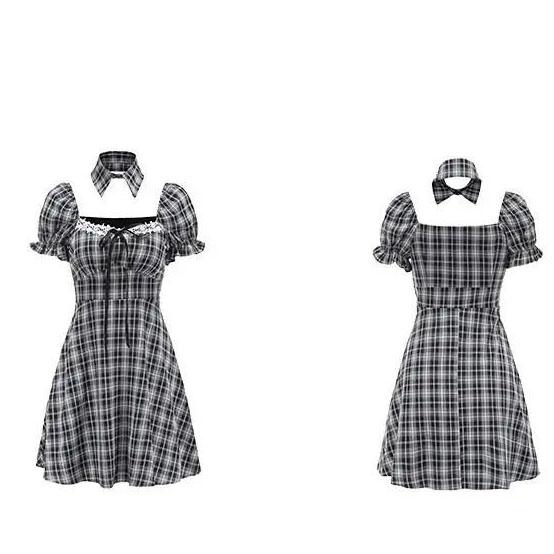 Female Summer Simple Irregular Bubble Sleeve Waist Show Thin Sweet Gentle Mid Waist Plaid Dress
