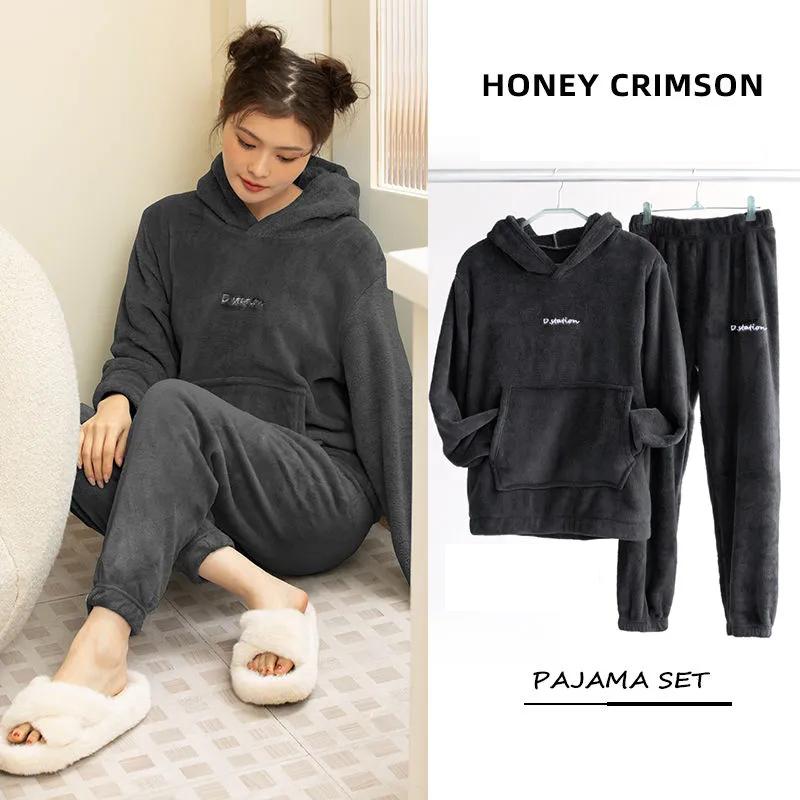 Coral Fleece Pajamas for Women and Men Pyjamas Set Flannel Hoodie Pullover Sleepwear Autumn Winter Velvet Warm Home Wear Suit Casual Loose Long Sleeve