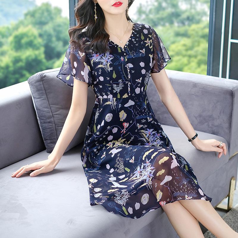 Women's Spring Summer French Retro Floral Dress Mid-length V-neck Short-sleeved Waist Casual All-match Dress