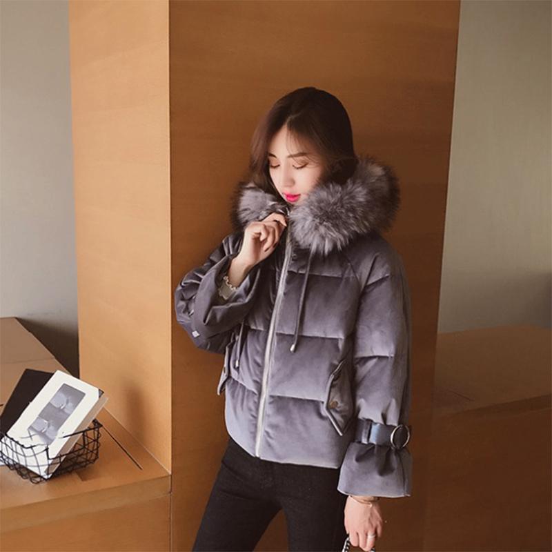 Women's Solid Color  Down Jacket Mid-length Korean Style Loose Thick Coat Warm Cotton Coat Large Fur Collar Winter Quilted Jacket