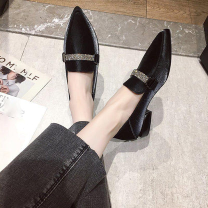 Pointed Shallow Mouth Rhinestone Belt Two Wear Single Shoes Women's Shoes Black Professional Work Shoes Low Heel Leather Shoes