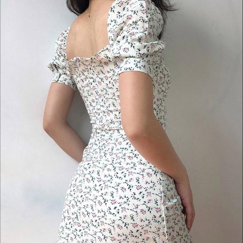 Spring Summer Chiffon Floral Short Skirt Women French Style Retro Square Neck Lace Puff Sleeve Waist Dress Boho