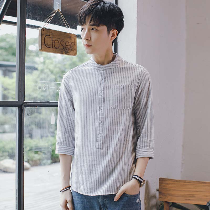 Summer Men's Shirt 7-quarter Sleeves Stand Collar Striped Shirt All-match Casual Short-sleeved Shirt