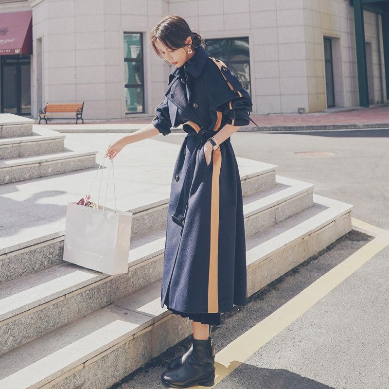 Winter Plus Cotton Thick Warmth Contrast Stitching Woolen Coat Women's Mid-length Thin Loose Over-the-knee Woolen Coat