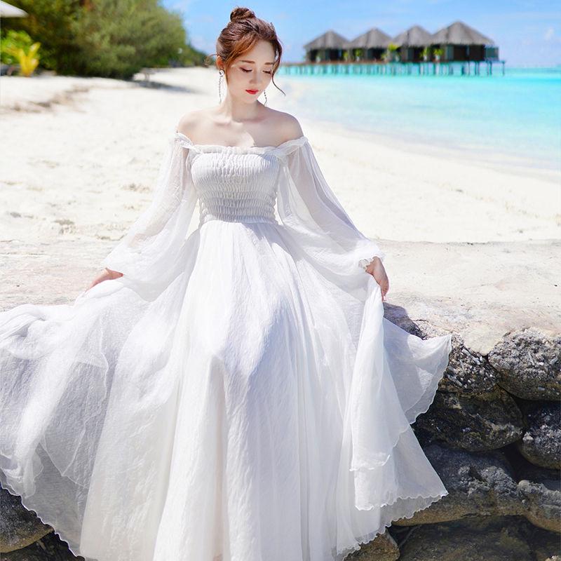 Woman skirt word shoulder chiffon dress female summer seaside beach skirt slim wild white dress
