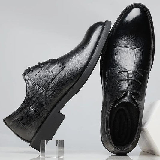 Men's Shoes Alligator British Pointed Men's Shoes Personality Heightening Shoes Printed Black Business Dress Shoes for Men