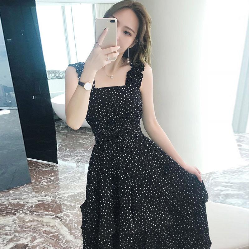Mid-length Sling Chiffon Polka Dot Floral Dress Female Slimming Fairy Long Skirt Sling Polka Dot Dress Large Skirt A-line Version