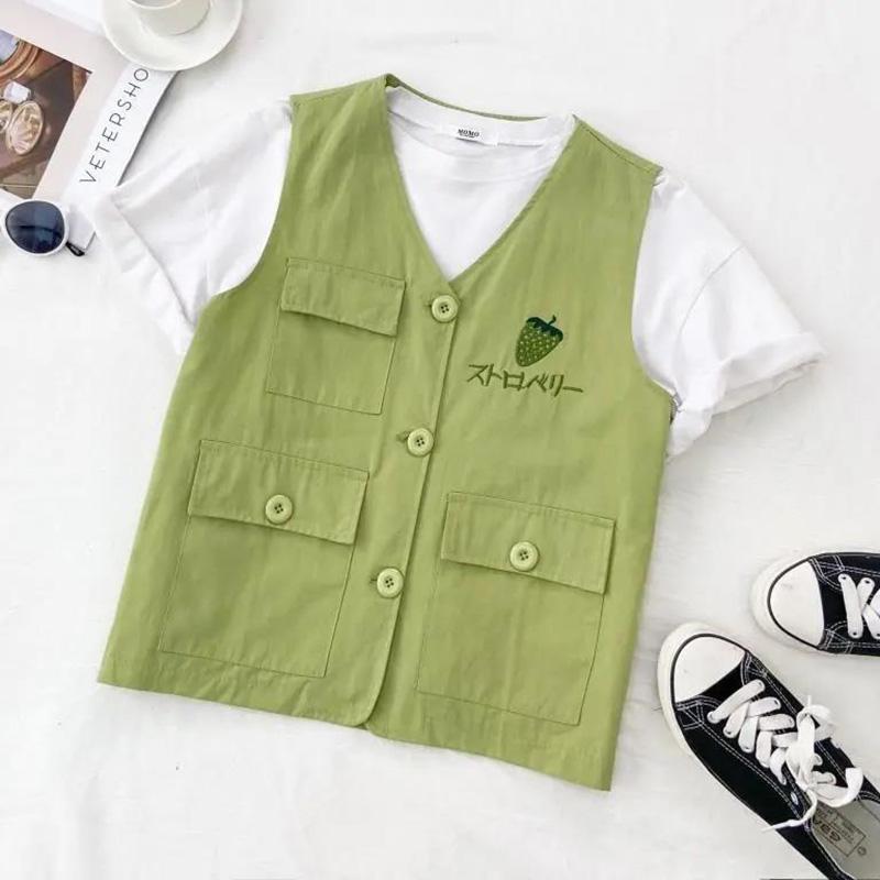 Strawberry Embroidery Women's Vest Coat Solid Color Sleeveless Spring and Summer Loose Casual Waistcoats
