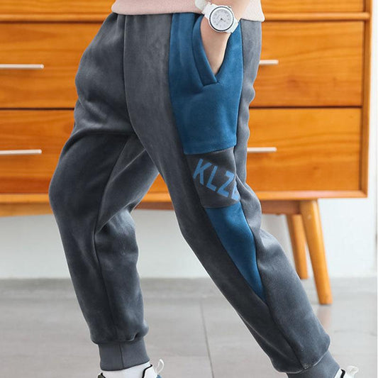 Boys Plus Velvet Pants Gold Silk Double-sided Velvet Plus Velvet Thick Trousers Autumn and Winter Models In The Big Children's Warm Pants