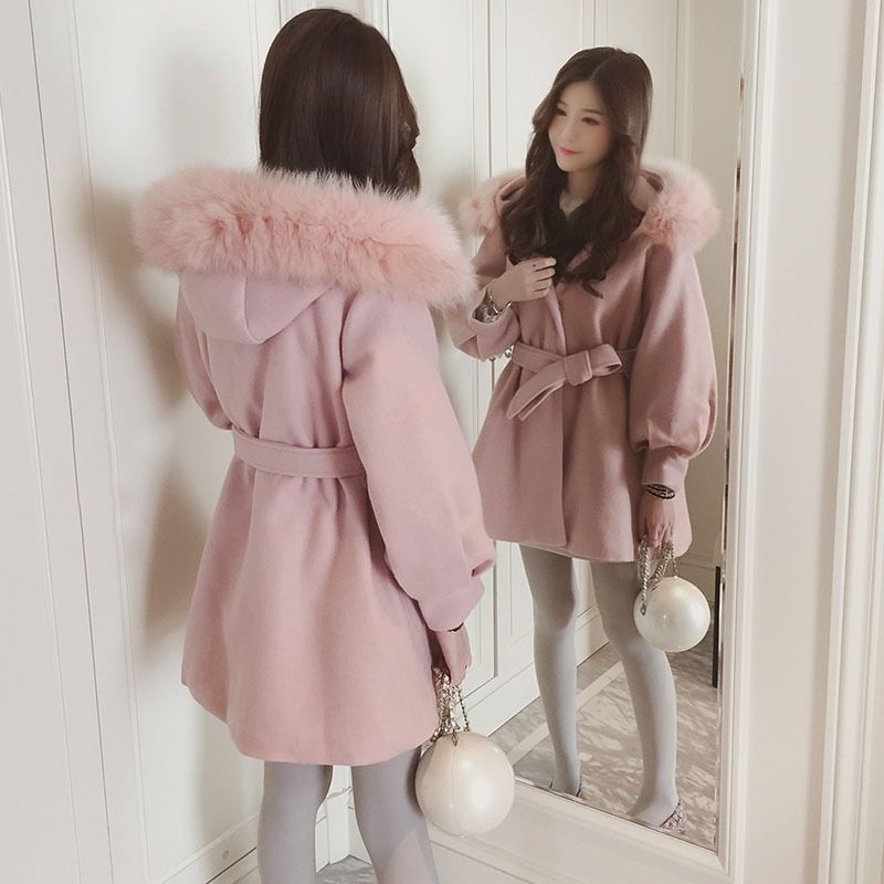 Women's Mid-length Woolen Coat with Waist and Woolen Collar Autumn and Winter Fashion Korean Small Thick Woolen Coat