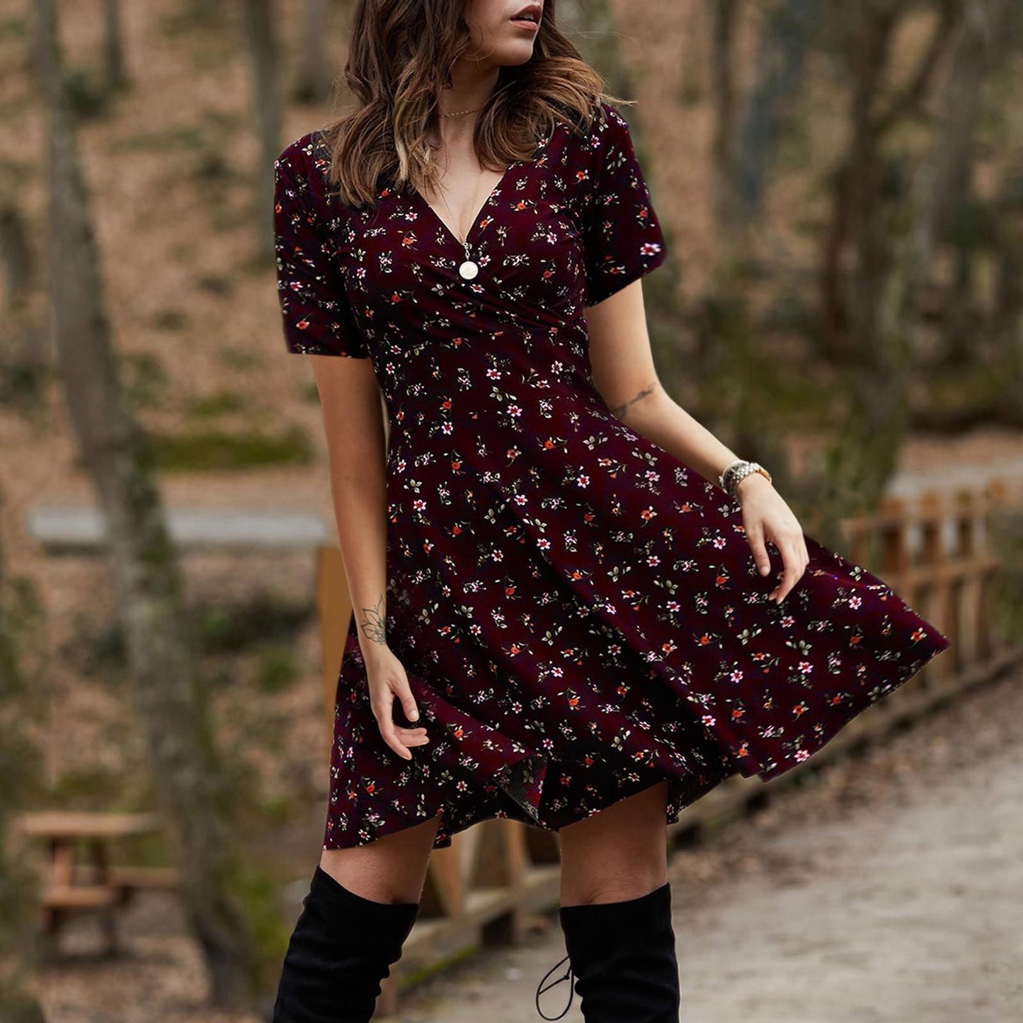 Ladies Casual Elegant V-Neck Short Sleeve Floral Vintage Dress Slim Fit Swing Skirt