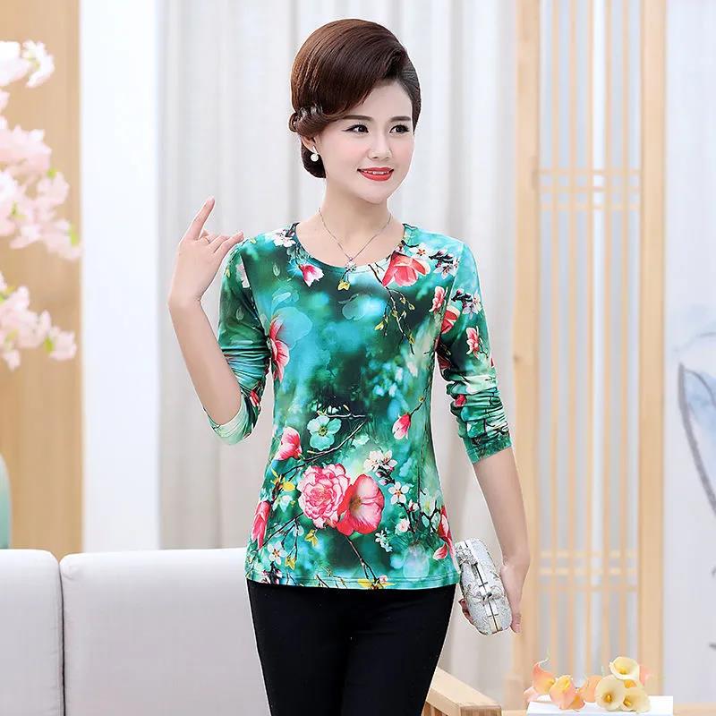 Spring and Autumn Mother Round Neck Long-sleeved T-shirt Women's Floral Loose Top Bottoming Shirt Women