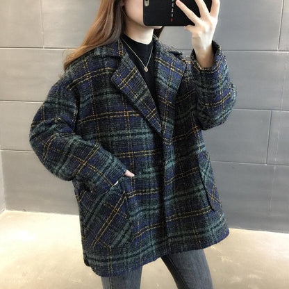 Woolen Coat Women Winter Thick Plaid Suit Jacket Woolen Coat Women