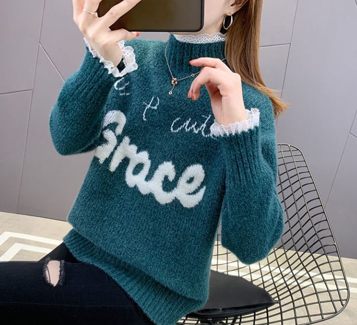 Chenille Lace Pullover Sweater Ladies Large Size Loose Half Turtleneck Sweater Solid Color Bottoming Knit Sweater
