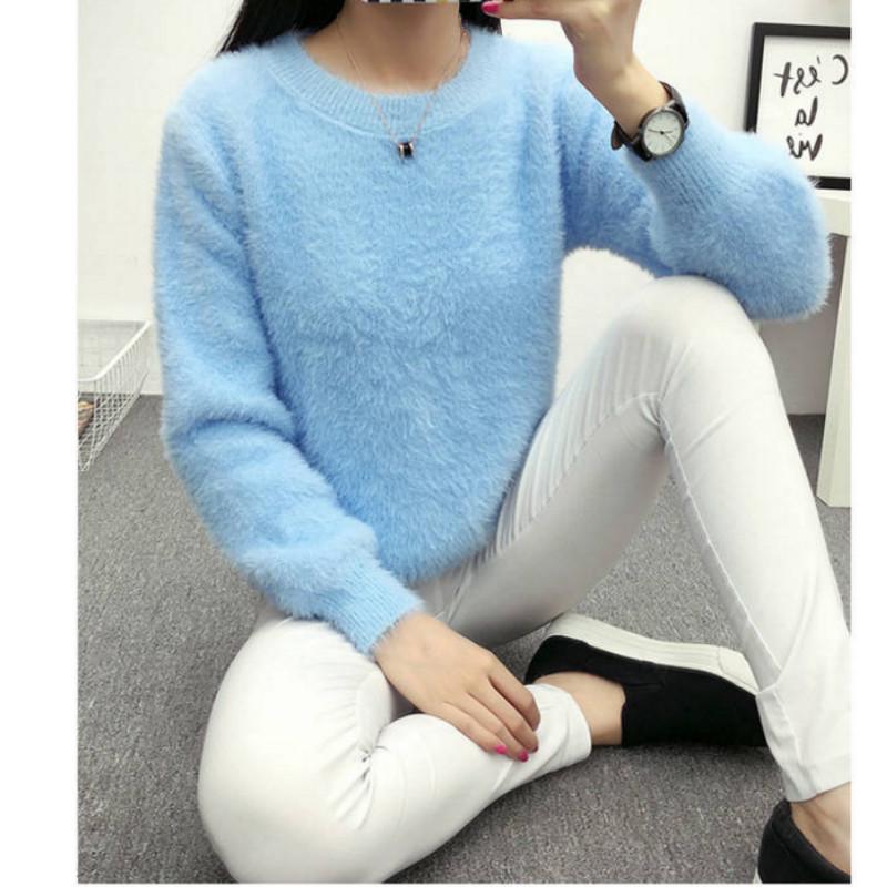 PofuLove Autumn and Winter Bottoming Shirt Mink Velvet Bow Sweater Women Hooded Loose Jacket Short