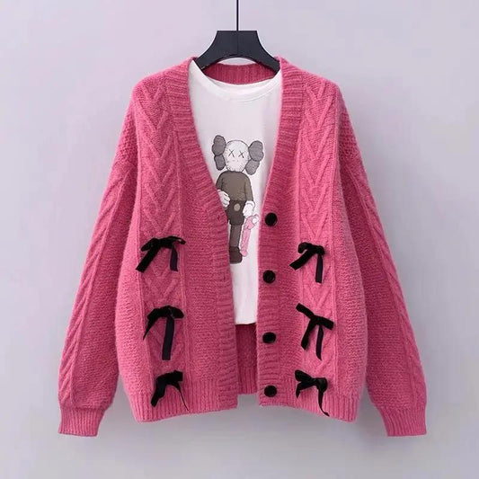Autumn Korean Loose Bow Knot Twist College Wind Knit Sweater Student Sweater Cardigan Jacket Women
