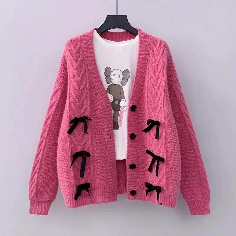 Autumn Korean Loose Bow Knot Twist College Wind Knit Sweater Student Sweater Cardigan Jacket Women