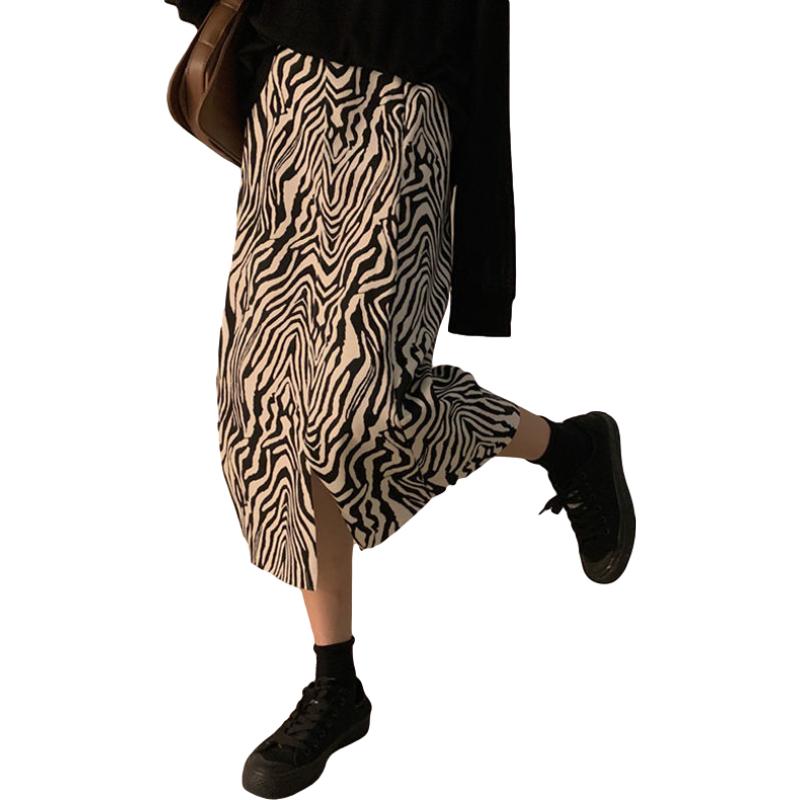 Retro Zebra Patter Skirt Female Spring and Autumn All-match Temperament High Waist Split A-line Skirt Mid-length