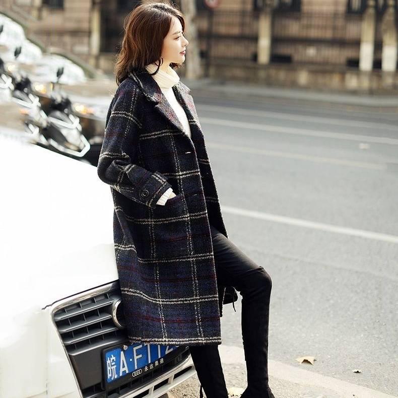 Winter Women Coat 2019 Casual Plaid Wool Coat Female Jacket Fashion Warm Solid overcoat Long Outwear