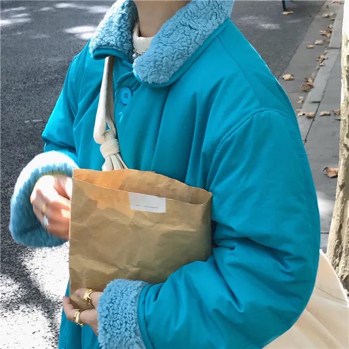 Ice Blue and White Two-sided Coat Women Korean Style Square Collar Loose BF Wind Padded Coat Women
