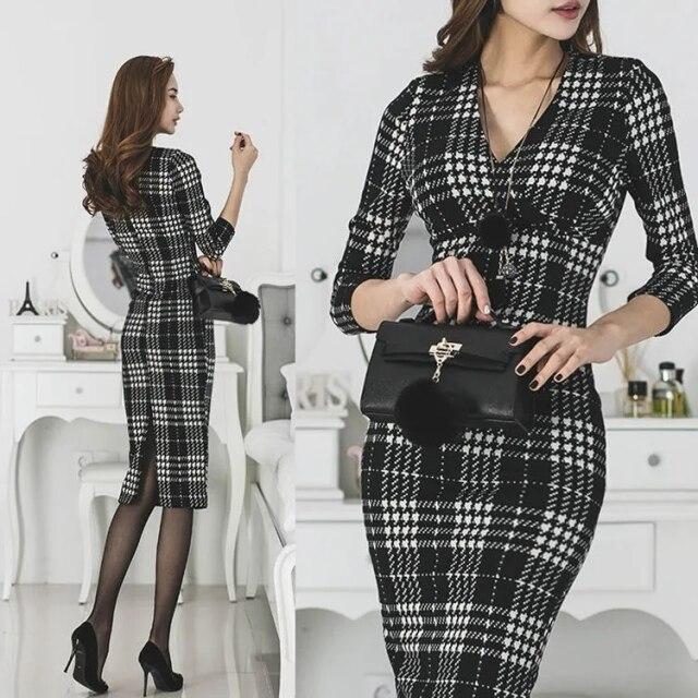 Plaid Dress Women OL Dress Body Sexy V Neck Plaid Spring Autumn Cotton Casual High Waist Midi Dresses Plus Size Short Sleeve Slim Clothes