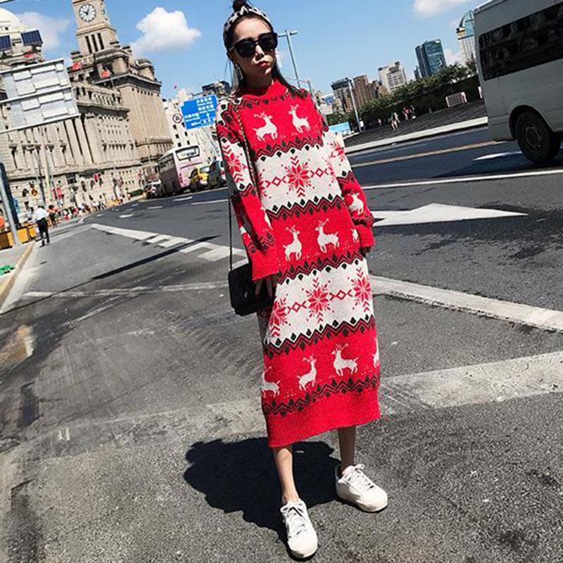 Super Long Pullover Sweater Women Autumn and Winter Fawn Print Red Christmas Sweater Loose Base Knitted Sweater Dress
