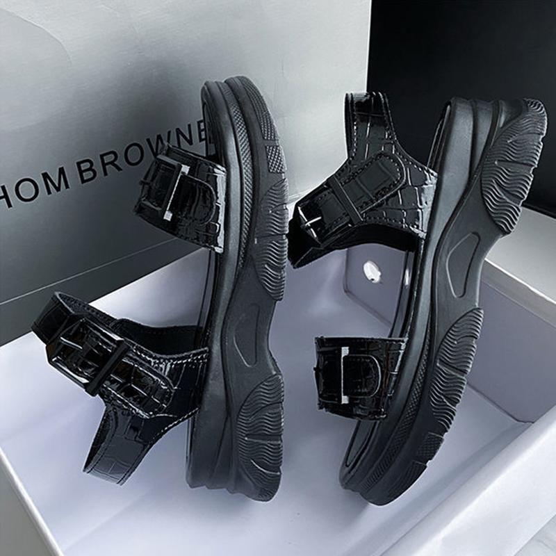 Sandals Women's Summer All-match Flat Shoes Non-slip Thick-soled Ladies Roman Shoes Black Glossy Simple Sports Casual Sandals
