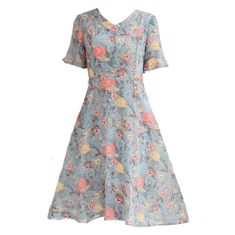 Summer Chiffon Dress Short-sleeved Round Neck Temperament Women's Knee-length Skirt Fabric Light and Breathable Ladies A-line Dress