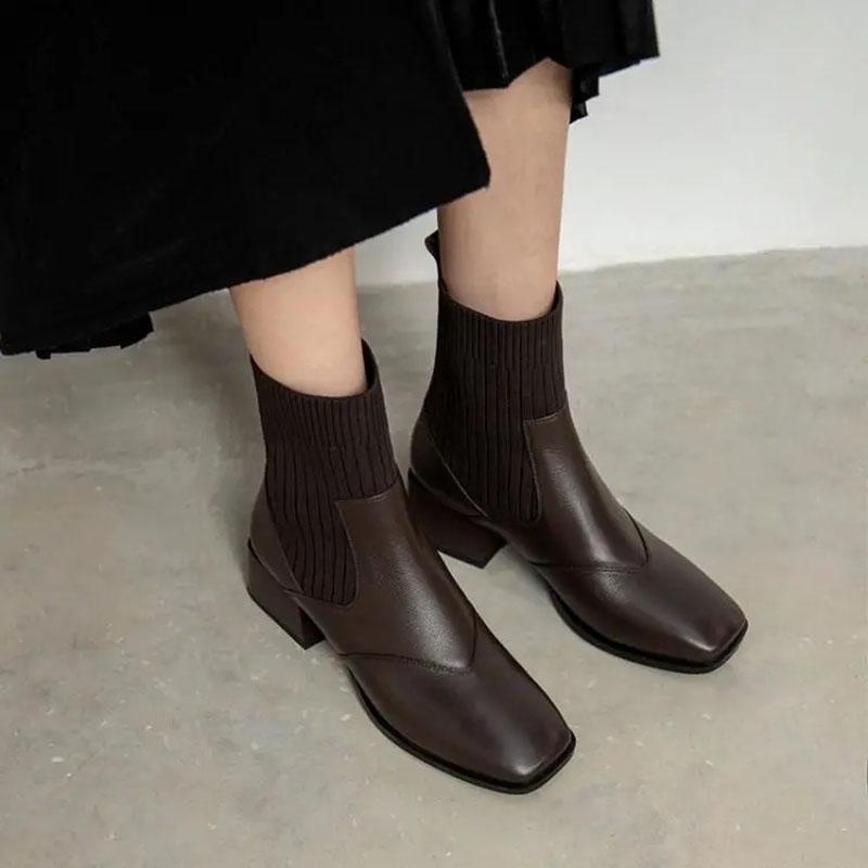 Chelsea Boots Flat Short Boots Autumn and Winter British Style Winter Boots Thick Heel Knitted Stretch Martin Boots Women
