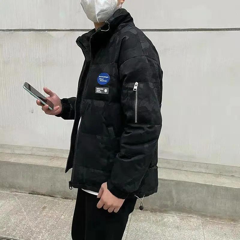 Men's Winter Down Jacket Plus Size PU Leather Camouflage Jacket Streetwear Coat Stand Collar Solid Color Casual Jackets Warm Thick Black Clothing
