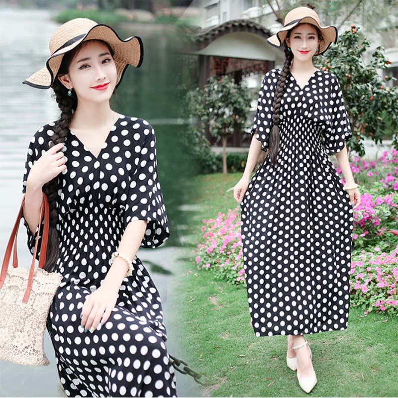 Ethnic Style Women's Print Mid-length Five-point Sleeve V-neck Loose Skirt Mom's Beach Holiday Skirt