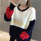 Pofulove Women's Color Block Knit Sweater Loose Long Sleeve O-Neck Pullover Sweater Jumper